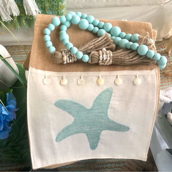 New! Burlap Starfish Mother of Pearl Table Runner - Picture 1 of 7